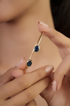 3.08 Carat Blue Sapphire Bezel-Set Open Cuff Bangle Bracelet in 14K Yellow Gold