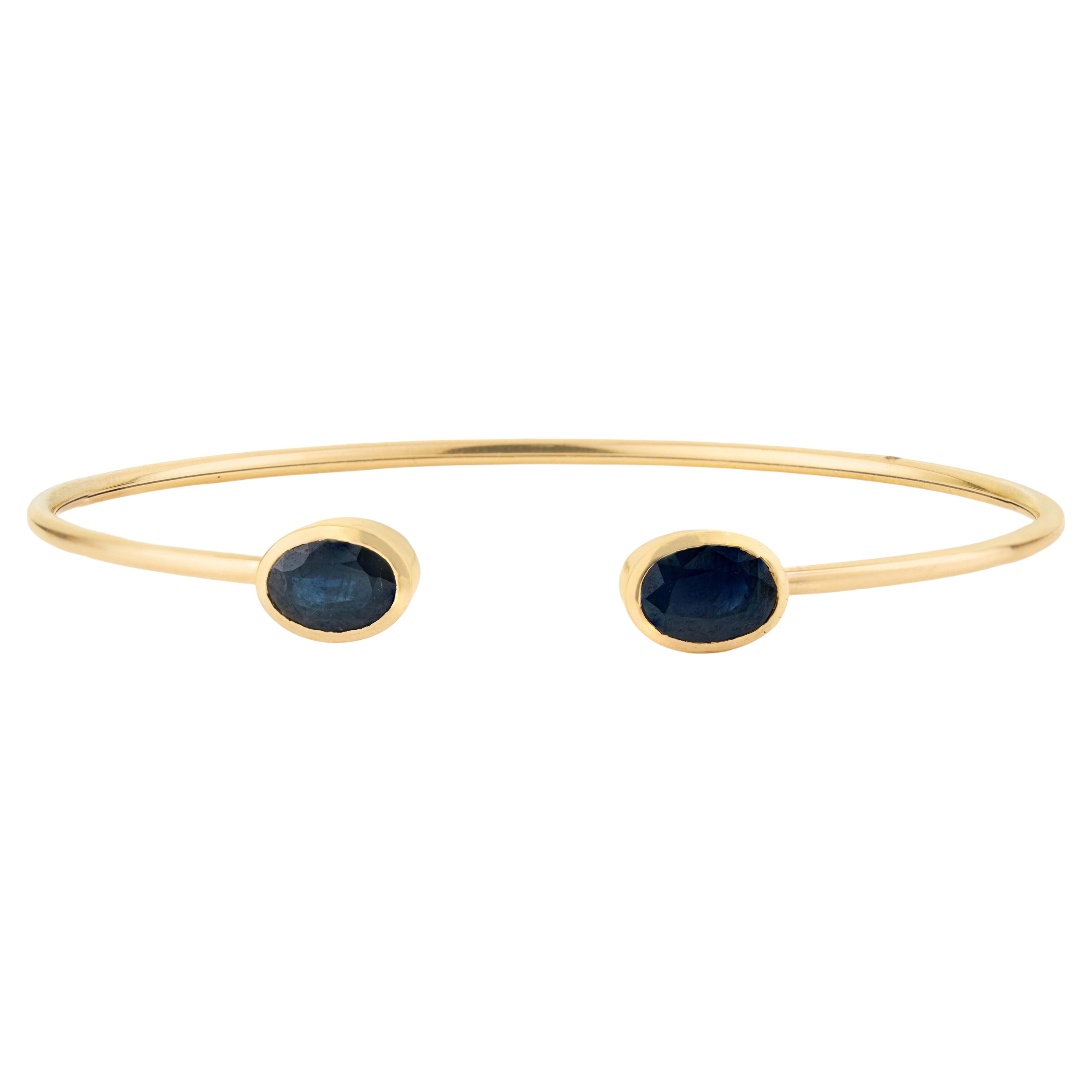 3.08 Carat Blue Sapphire Bezel-Set Open Cuff Bangle Bracelet in 14K Yellow Gold