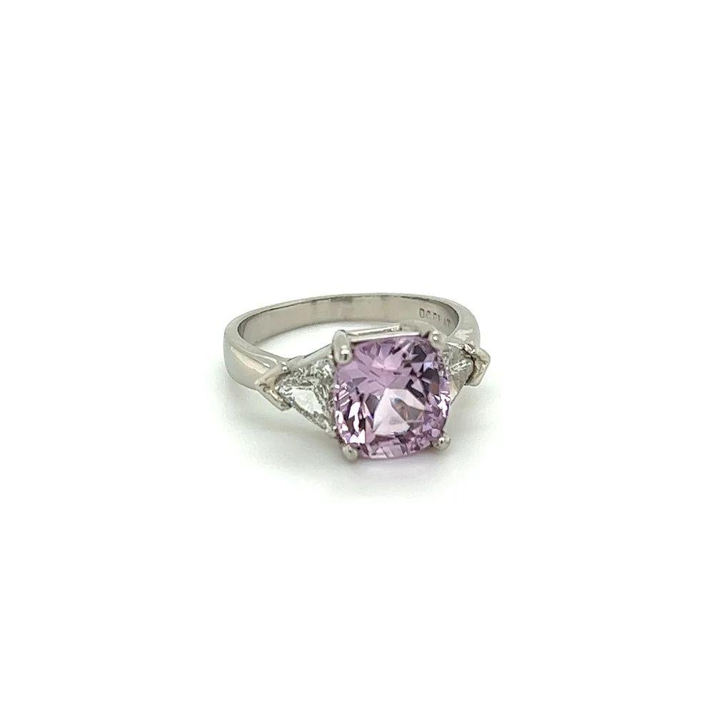 Simply Beautiful! Vintage Cushion Purplish-Pink NO HEAT Spinel GIA and Trillion Diamond Platinum Cocktail Ring. Centering a securely nestled Hand set 3.08 Carat Cushion Spinel, GIA report #6224862800 with 2 Trillion side Diamonds, approx. 0.64tcw.