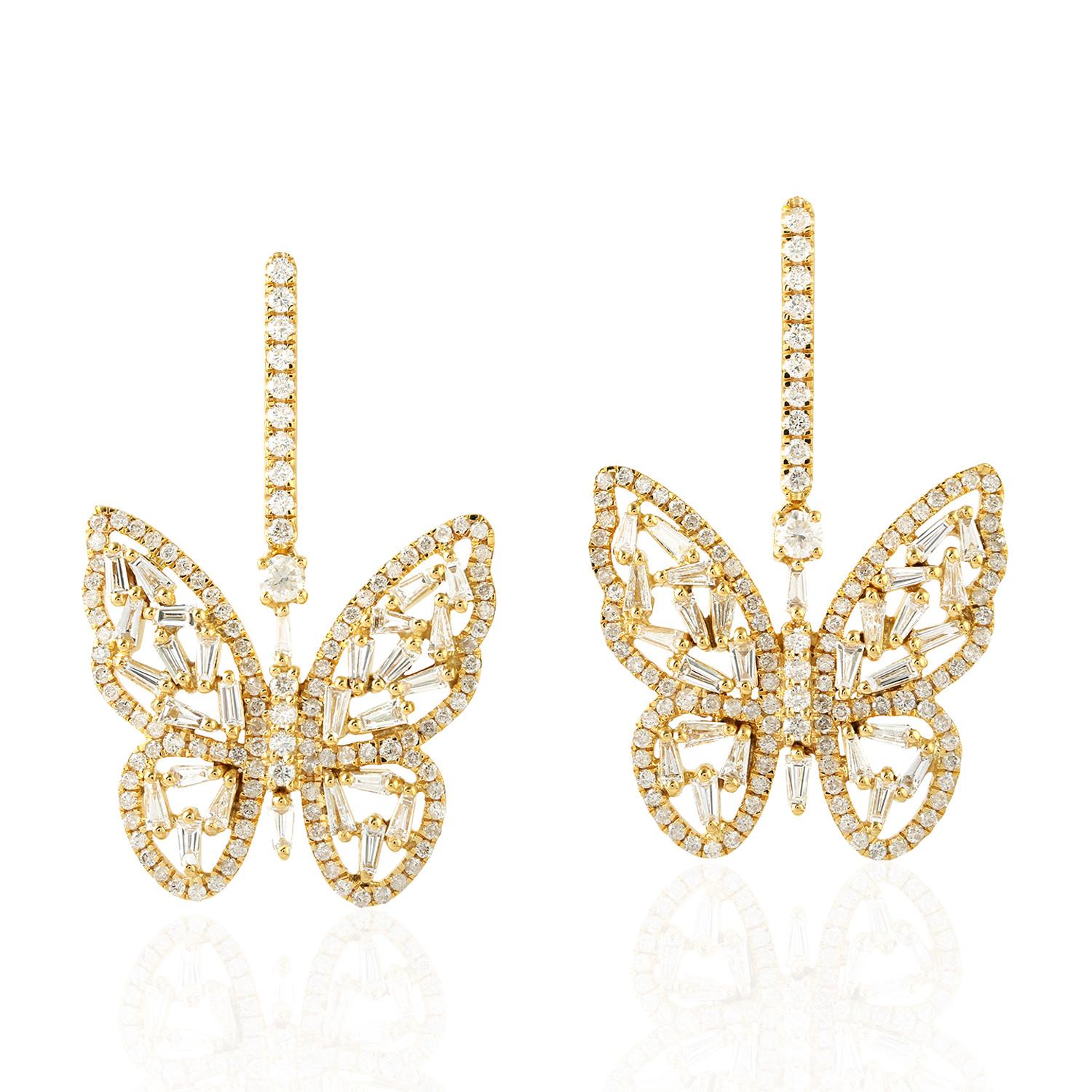 Contemporain Boucles d'oreilles papillon en or jaune 14 carats avec diamant de 3,08 carats<unk> en vente