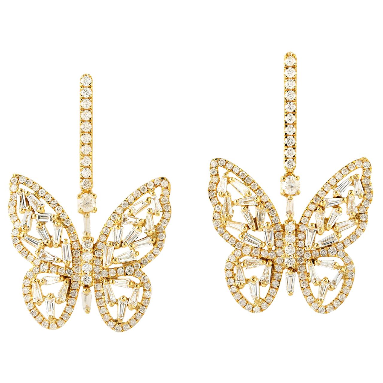 3.08 Carat Diamond 14 Karat Yellow Gold Butterfly Earrings