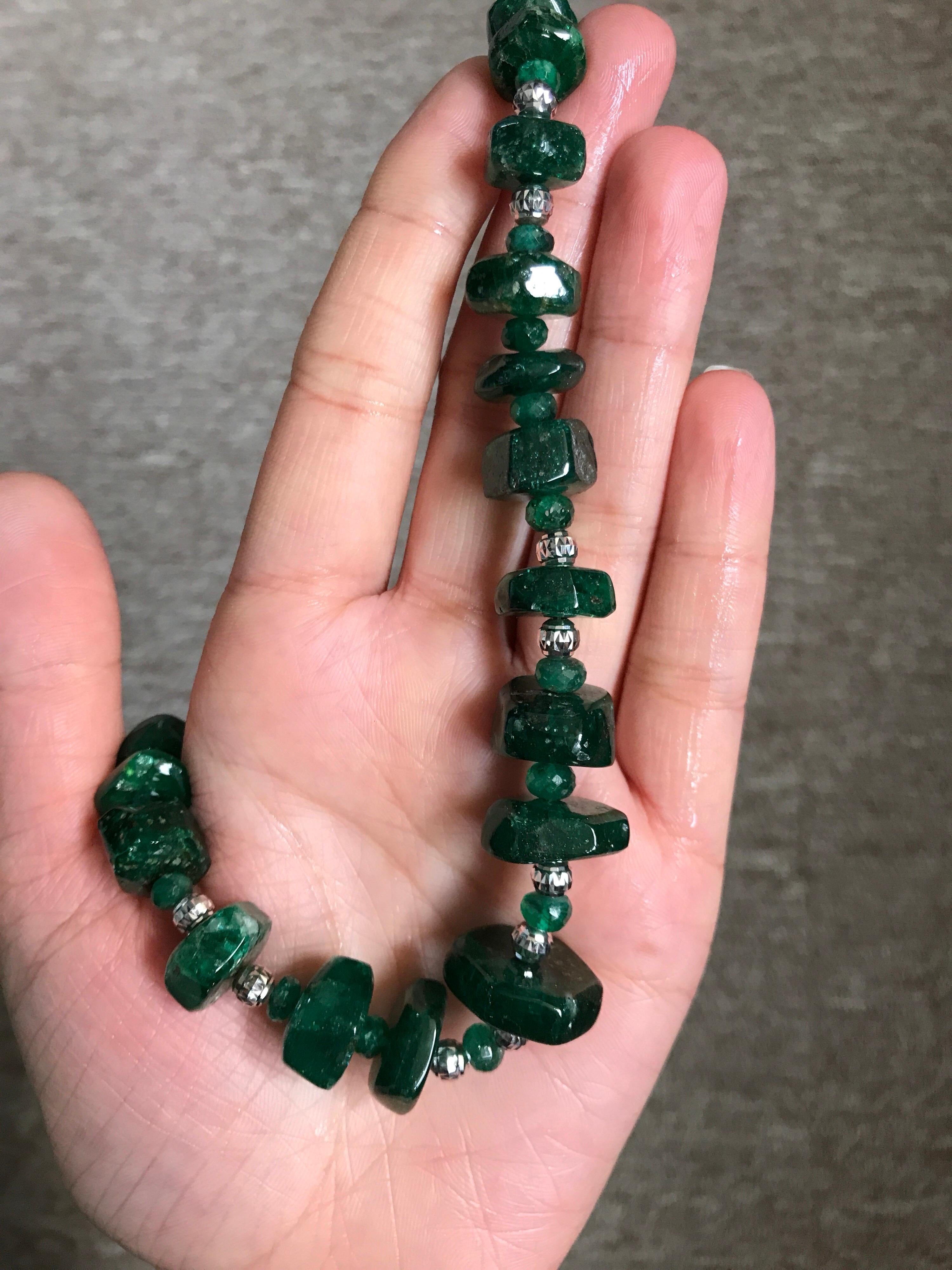 Art Deco 308 Carat Emerald Tumble Beads Necklace For Sale