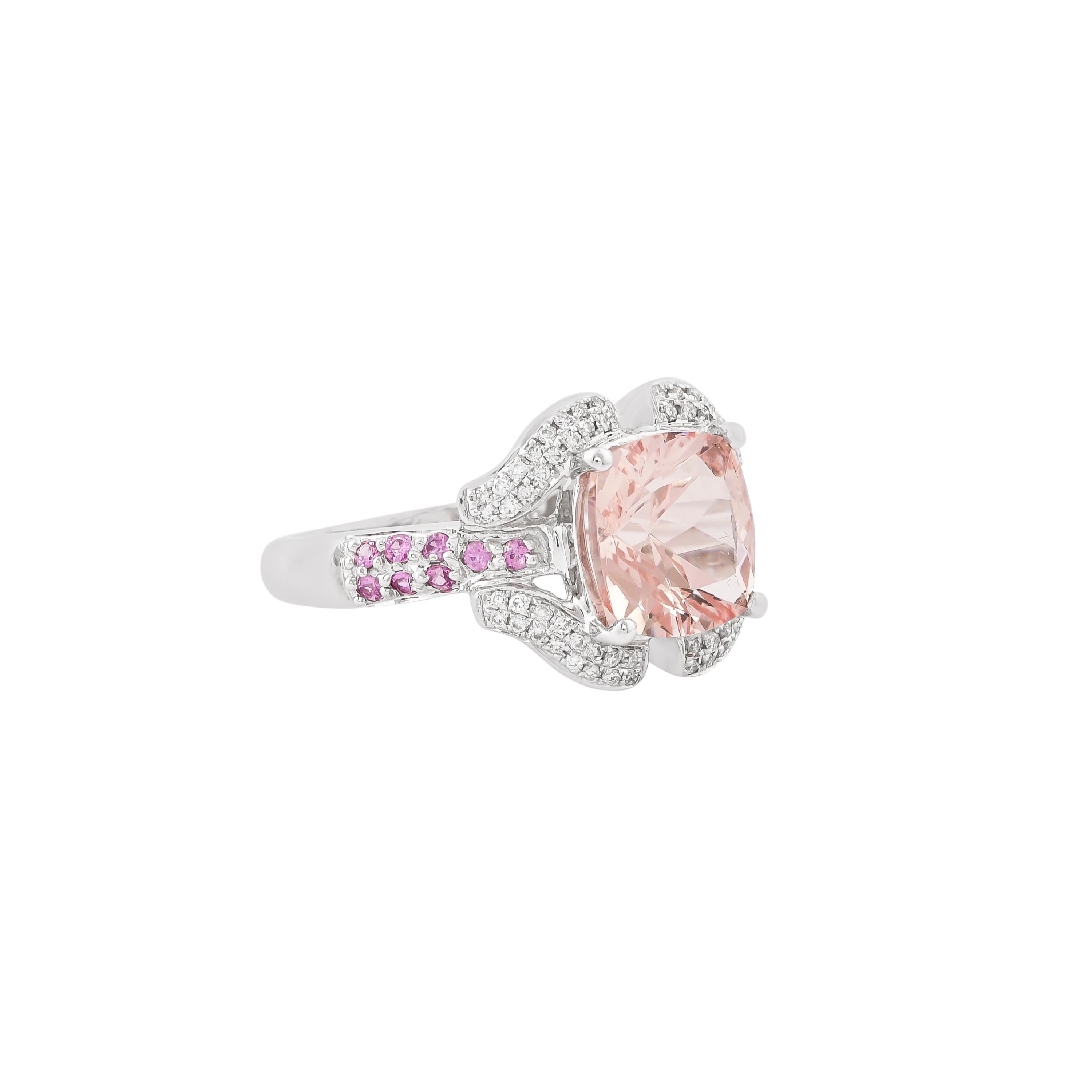 This collection features an array of magnificent morganites! Accented with diamonds these rings are made in white gold and present a classic yet elegant look. The vibrant addition of Pink Sapphire perfectly assists the peachy hue of the morganite.