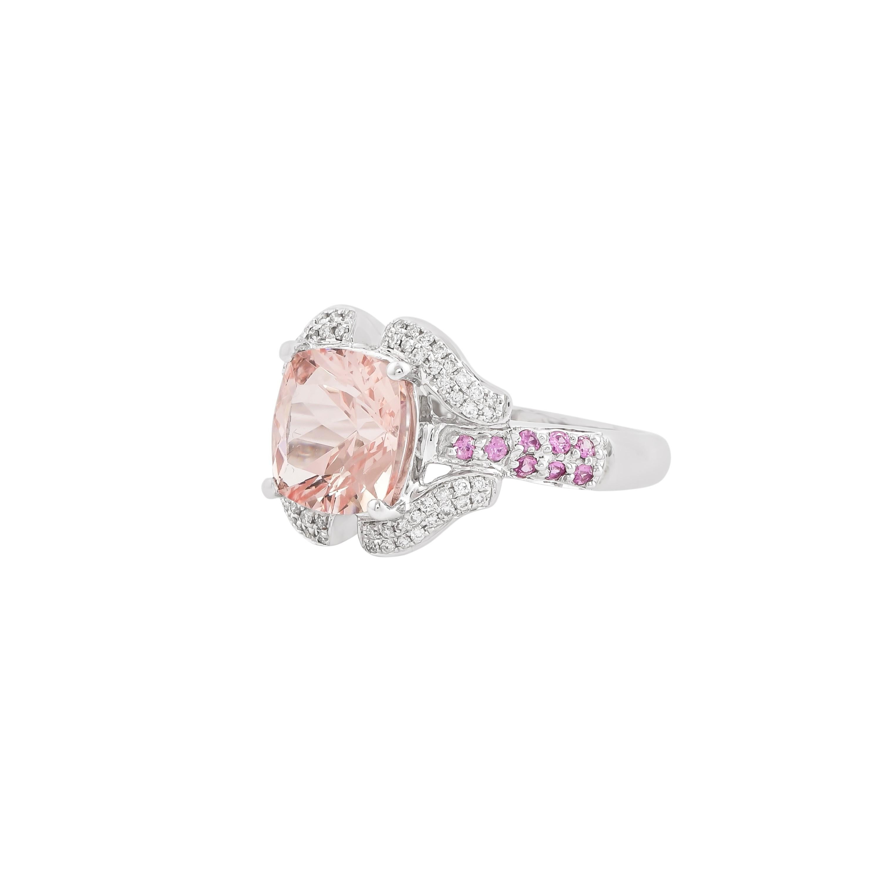 Cushion Cut 3.08 Carat Morganite, Pink Tourmaline and Diamond Ring in 14 Karat White Gold For Sale