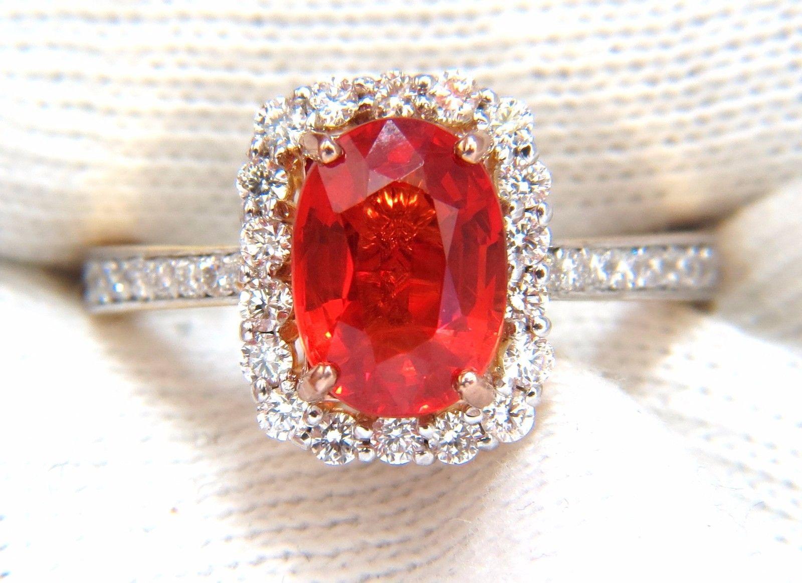Women's 3.08 Carat Natural Bright Reddish Orange Sapphire Diamonds Halo Ring 14 Karat