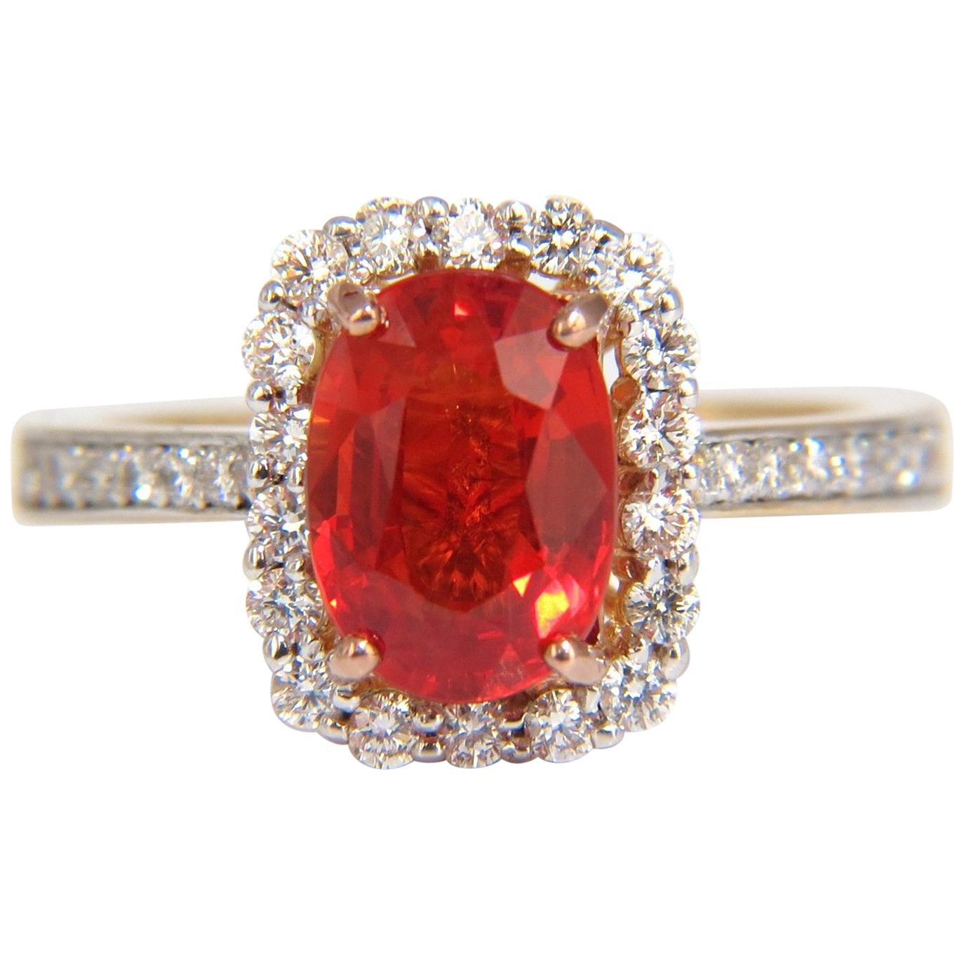 3.08 Carat Natural Bright Reddish Orange Sapphire Diamonds Halo Ring 14 Karat