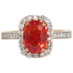 3.08 Carat Natural Bright Reddish Orange Sapphire Diamonds Halo Ring 14 Karat