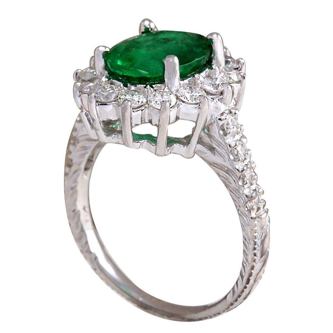 Oval Cut Emerald Diamond Ring In 14 Karat White Gold  For Sale