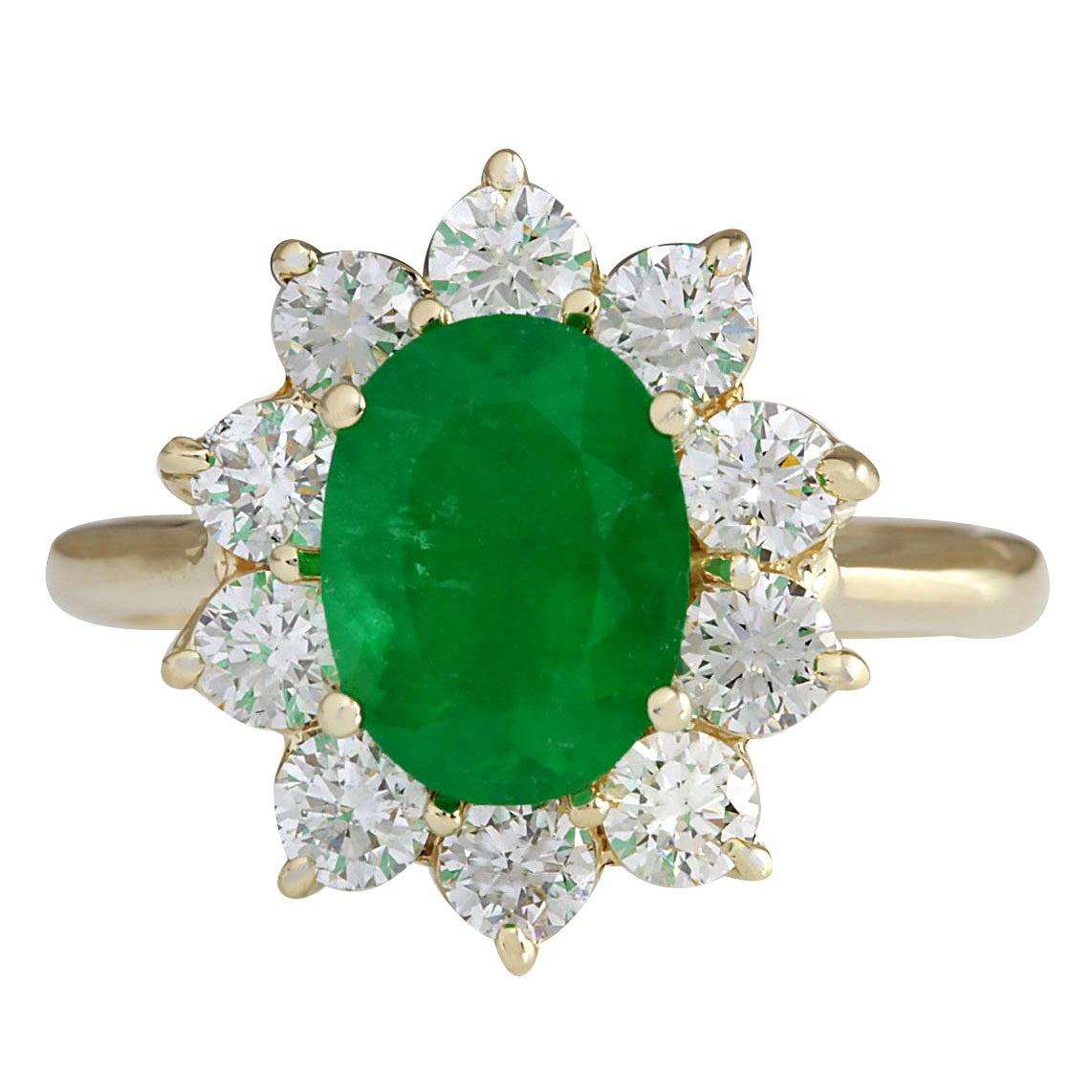 3.08 Carat Natural Emerald 18 Karat Yellow Gold Diamond Ring For Sale