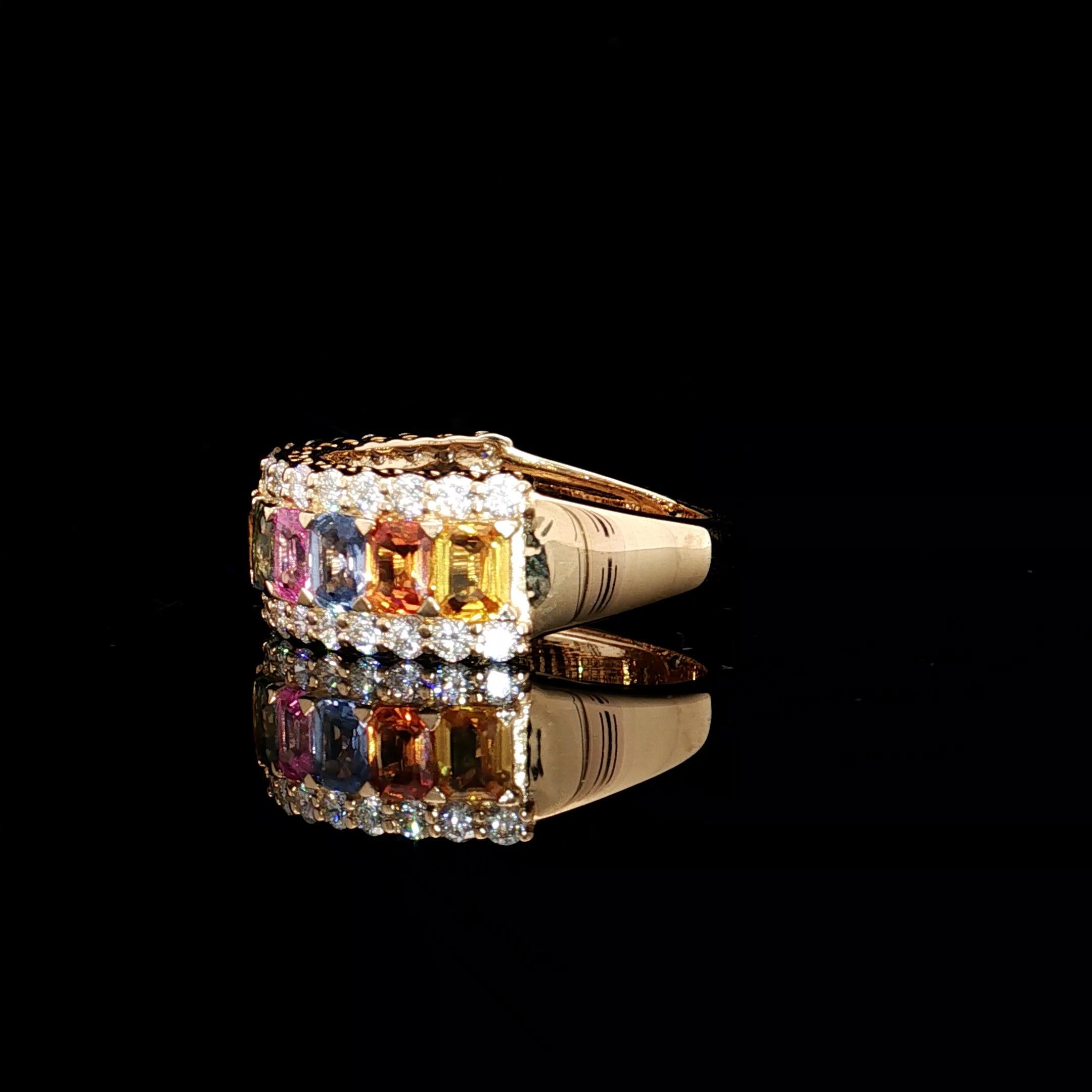 Taille émeraude Bague à diamant saphir multicolore naturel de 3,08 carats en vente