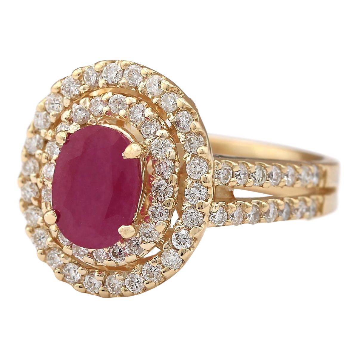 3.08 Carat Natural Ruby 14 Karat Yellow Gold Diamond Ring
Stamped: 14K Yellow Gold
Total Ring Weight: 7.4 Grams
Total Natural Ruby Weight is 2.03 Carat (Measures: 8.00x6.00 mm)
Color: Red
Total Natural Diamond Weight is 1.05 Carat
Color: F-G,