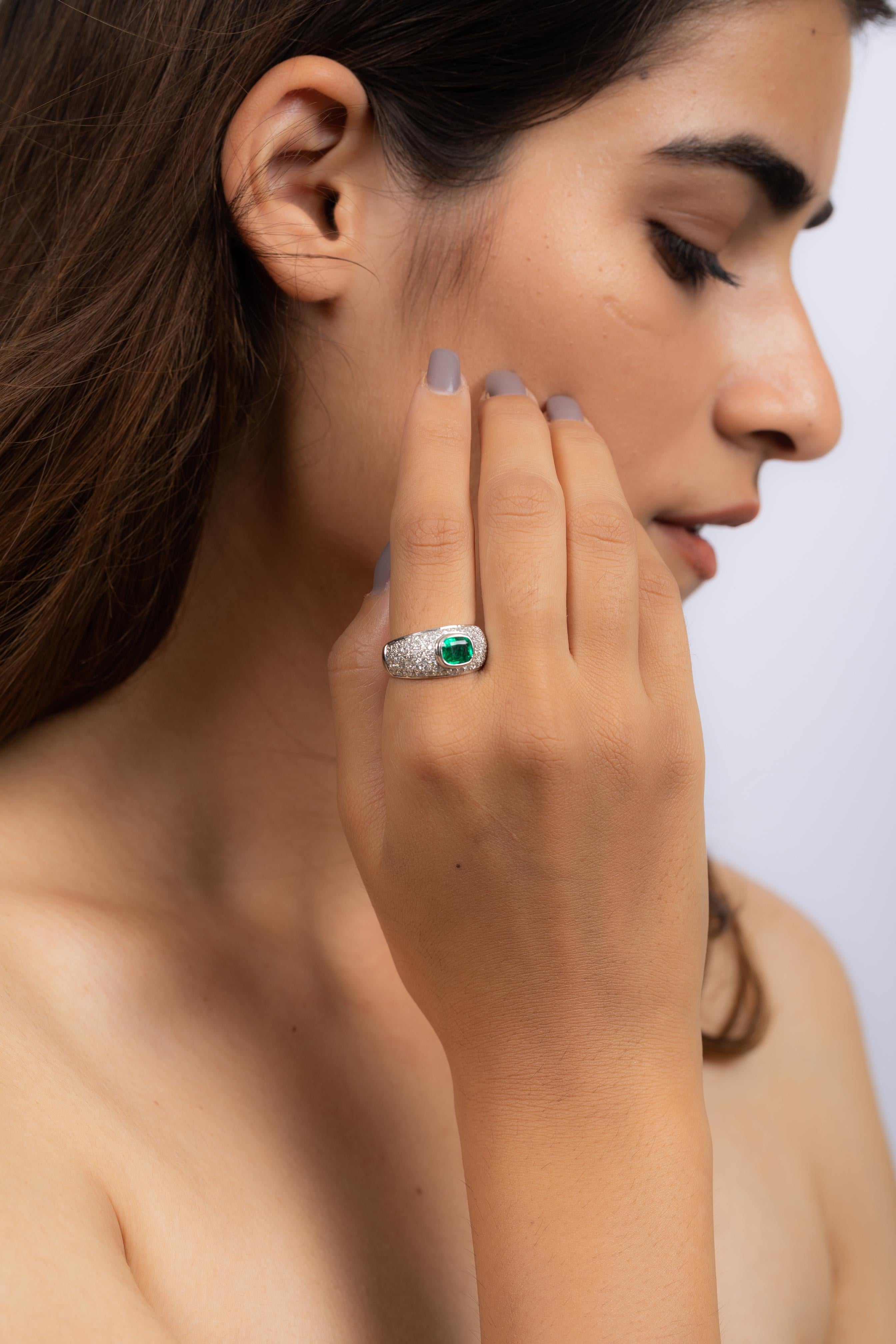 For Sale:  3.08 Carat Oval Shaped Emerald and Diamond Cocktail Ring in 18K White Gold 8