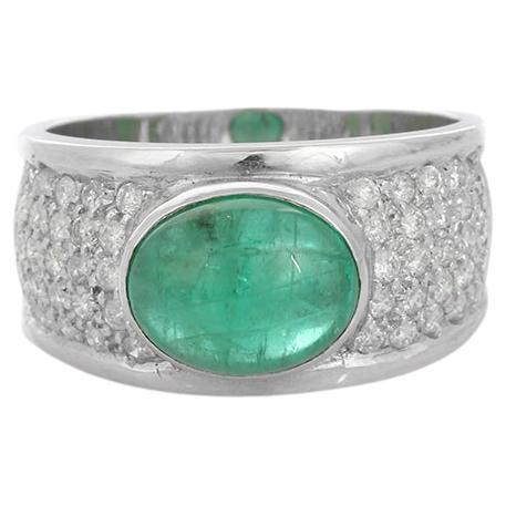 For Sale:  3.08 Carat Oval Shaped Emerald and Diamond Cocktail Ring in 18K White Gold