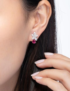 3.08 Carat Pear Shape Ruby and Diamond Cluster Earrings in 18K White Gold
