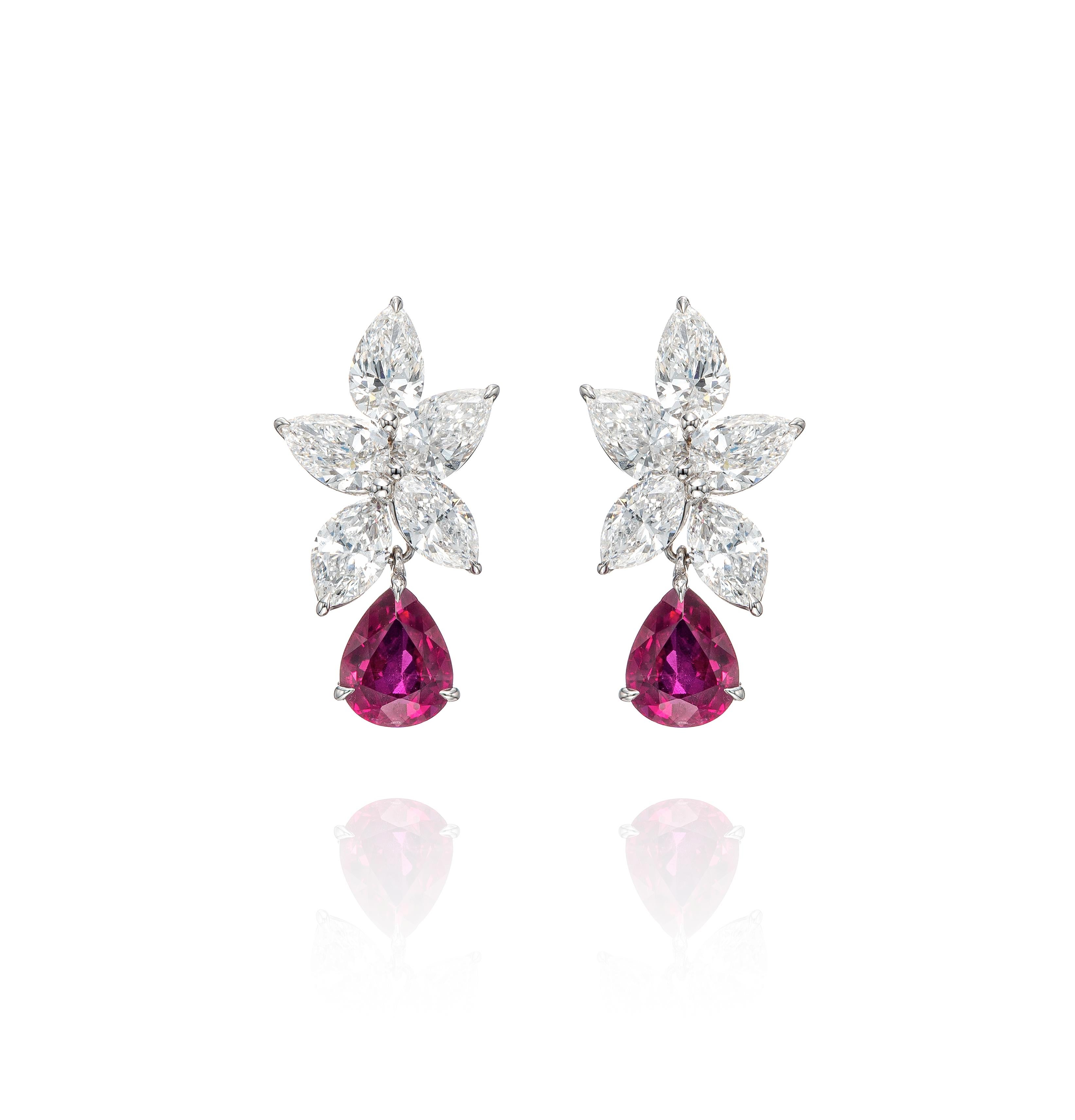 Contemporary 3.08 Carat Pear Shape Ruby and Diamond Cluster Earrings in 18K White Gold For Sale