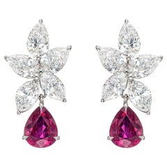 3.08 Carat Pear Shape Ruby and Diamond Cluster Earrings in 18K White Gold