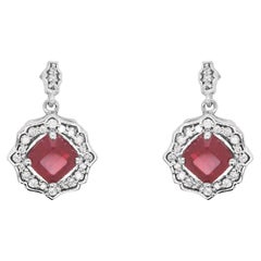 3.08 Carat Radiant Ruby Brilliant White Diamond Dangle Earrings