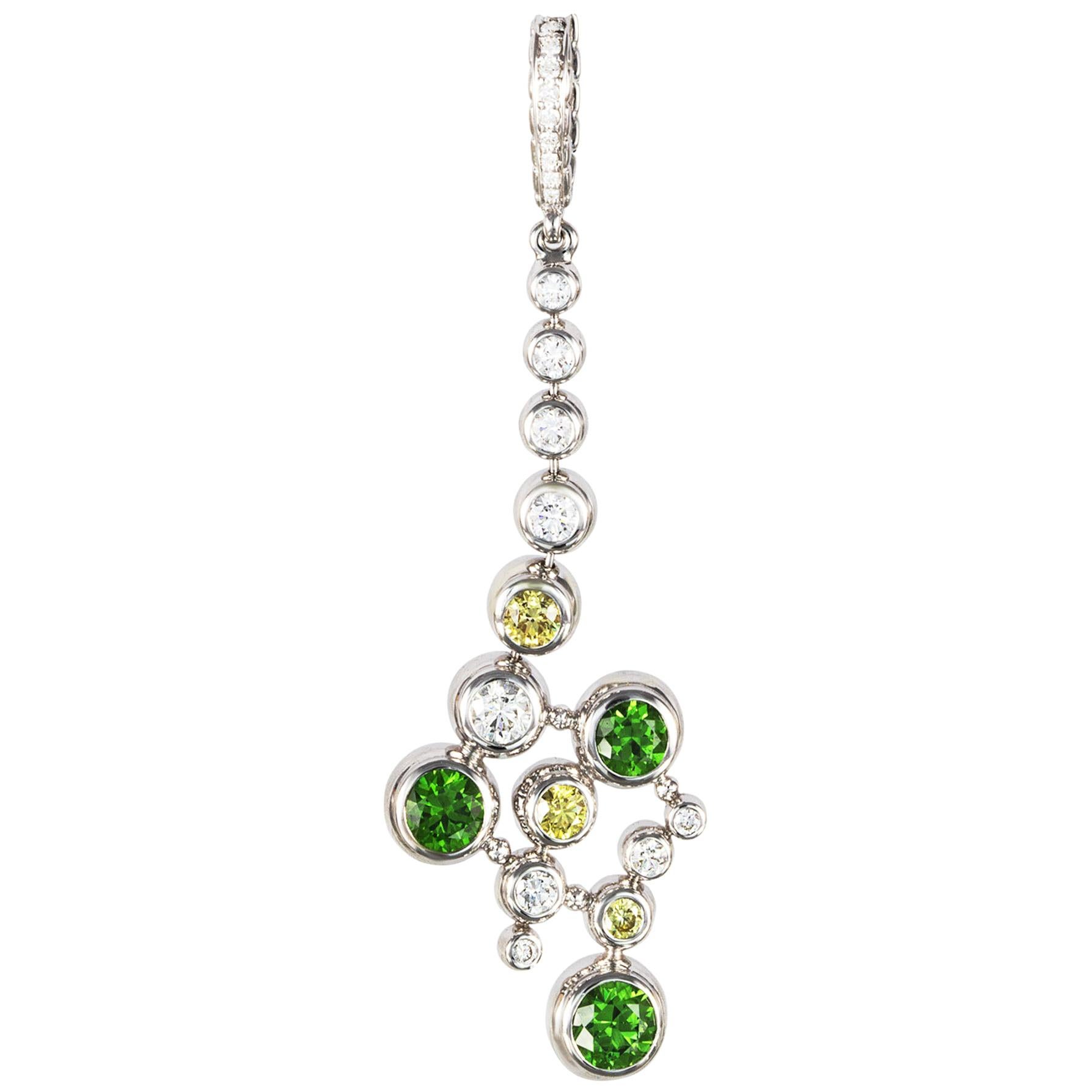 3.07 Carat Russian Demantoid 18 Karat White Gold Yellow Diamond Pendant For Sale