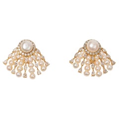 3.08 Cts Marquise Pear Round Diamond and Pearl Earring in 18K Gold