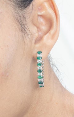 3.08 CTW Natural Diamond and Emerald Hoop Earrings 18k Solid White Gold