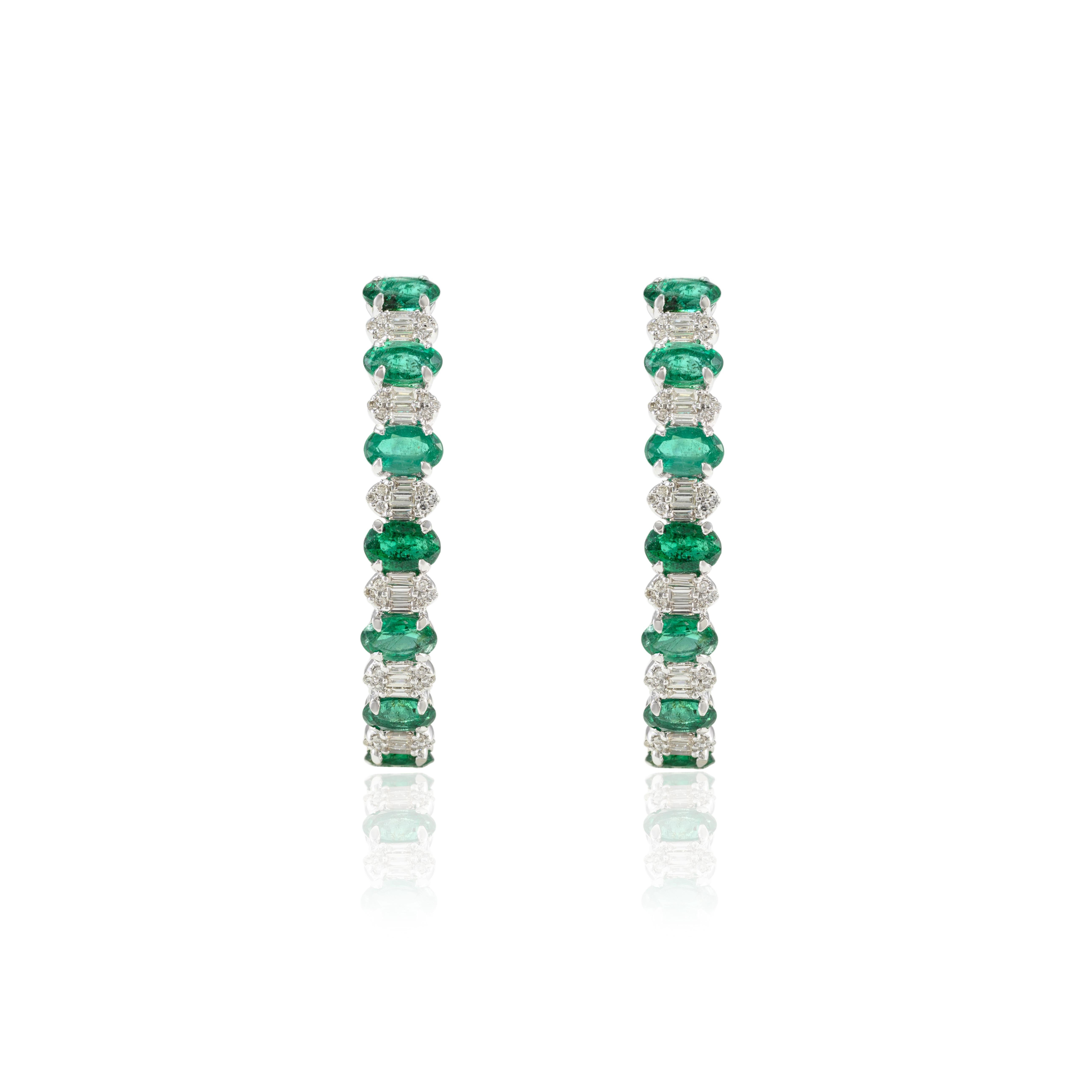 Women's 3.08 CTW Natural Diamond and Emerald Hoop Earrings 18k Solid White Gold For Sale
