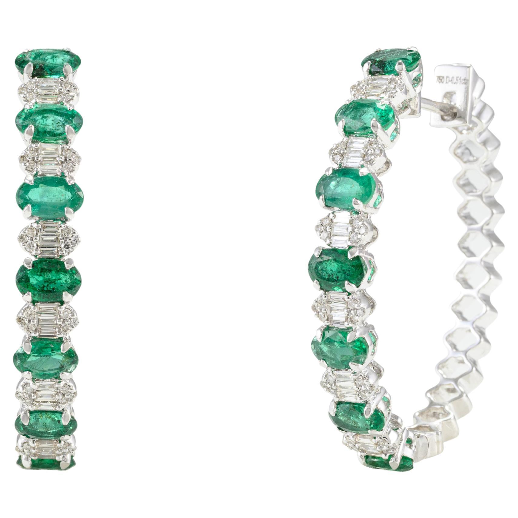 3.08 CTW Natural Diamond and Emerald Hoop Earrings 18k Solid White Gold For Sale