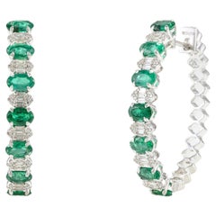 3.08 CTW Natural Diamond and Emerald Hoop Earrings 18k Solid White Gold