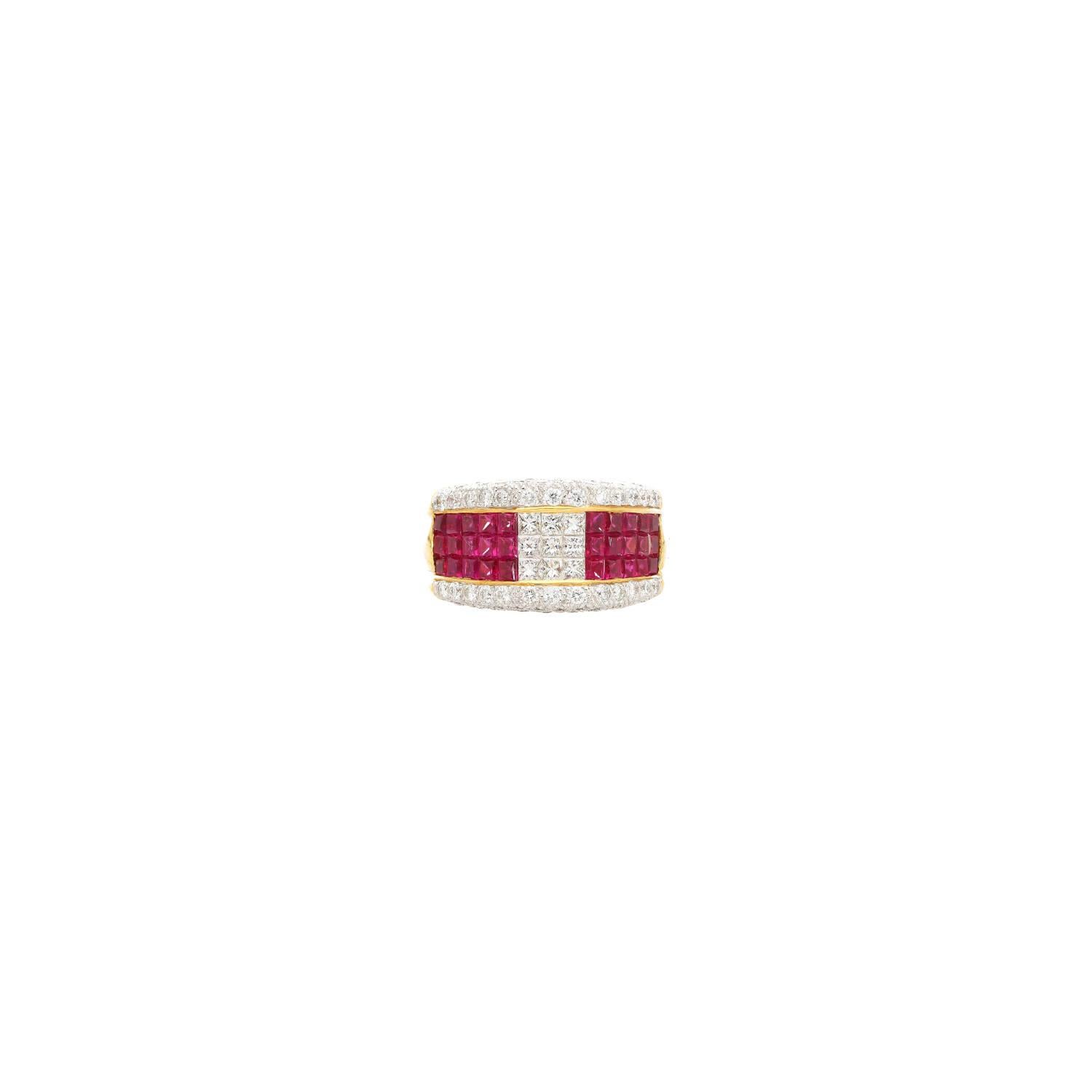 Art Deco 3.08ctw Ruby and Diamond Cluster Band Ring in 18k Yellow & White Gold For Sale