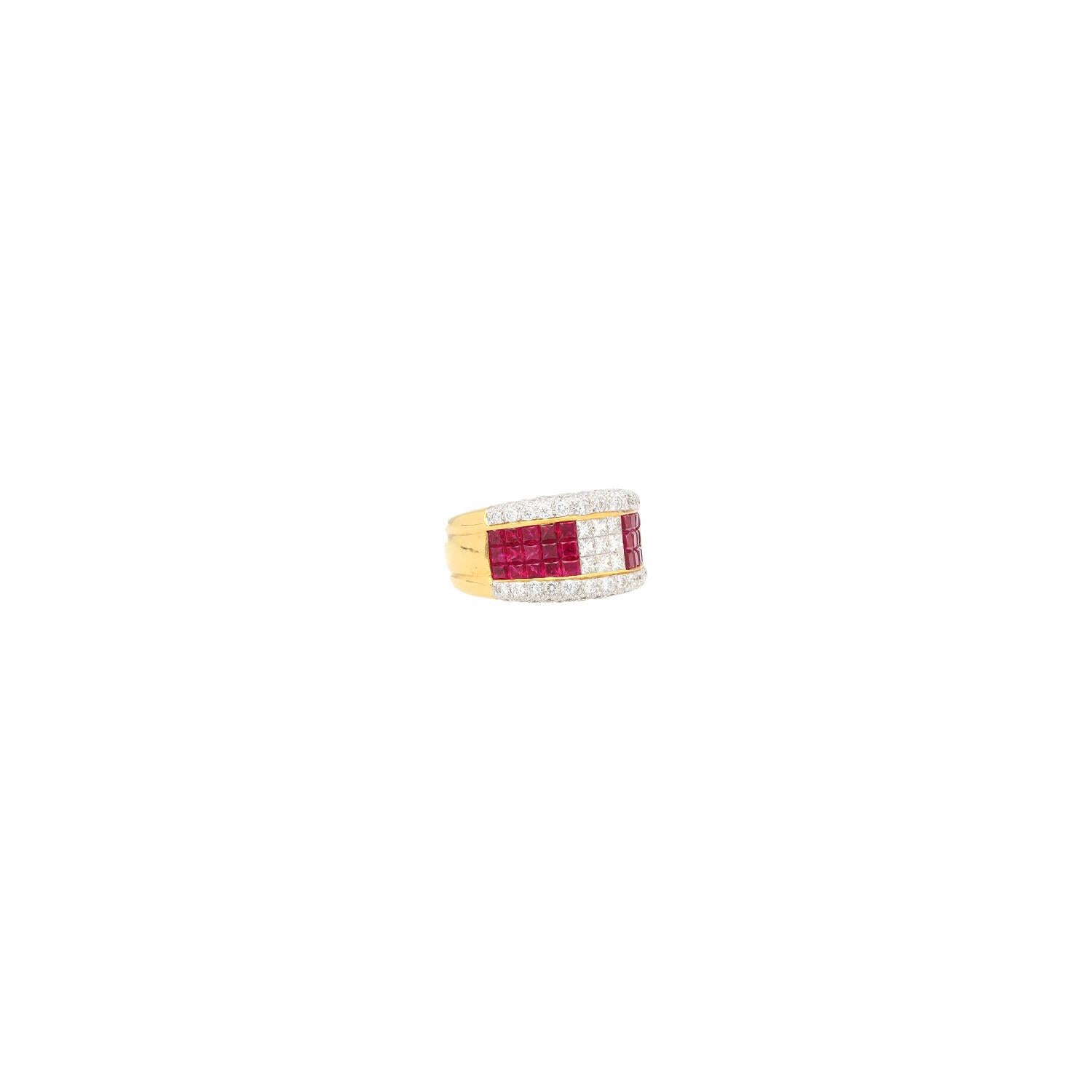 Princess Cut 3.08ctw Ruby and Diamond Cluster Band Ring in 18k Yellow & White Gold For Sale