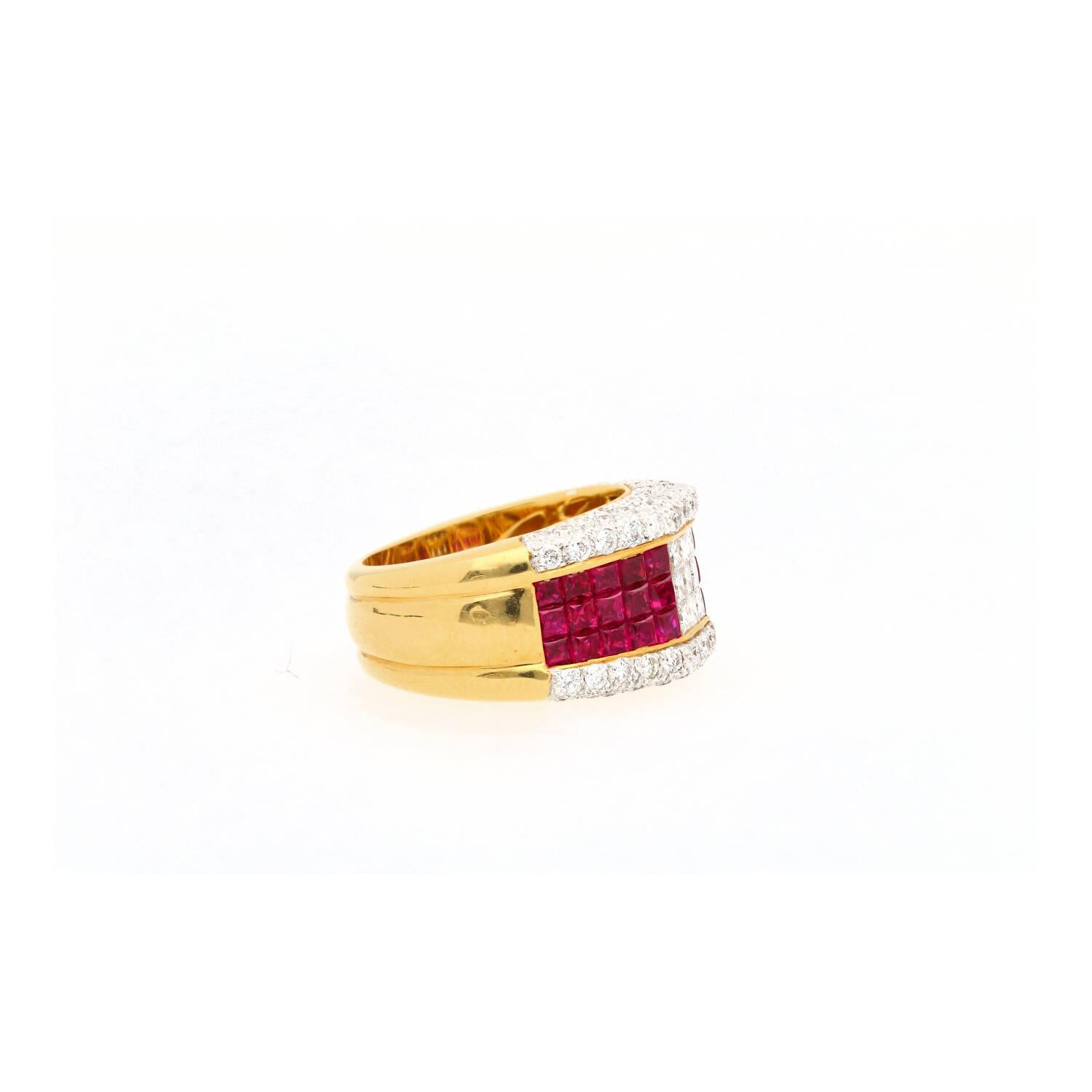 Women's 3.08ctw Ruby and Diamond Cluster Band Ring in 18k Yellow & White Gold For Sale