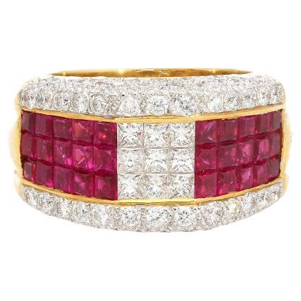 3.08ctw Ruby and Diamond Cluster Band Ring in 18k Yellow & White Gold For Sale