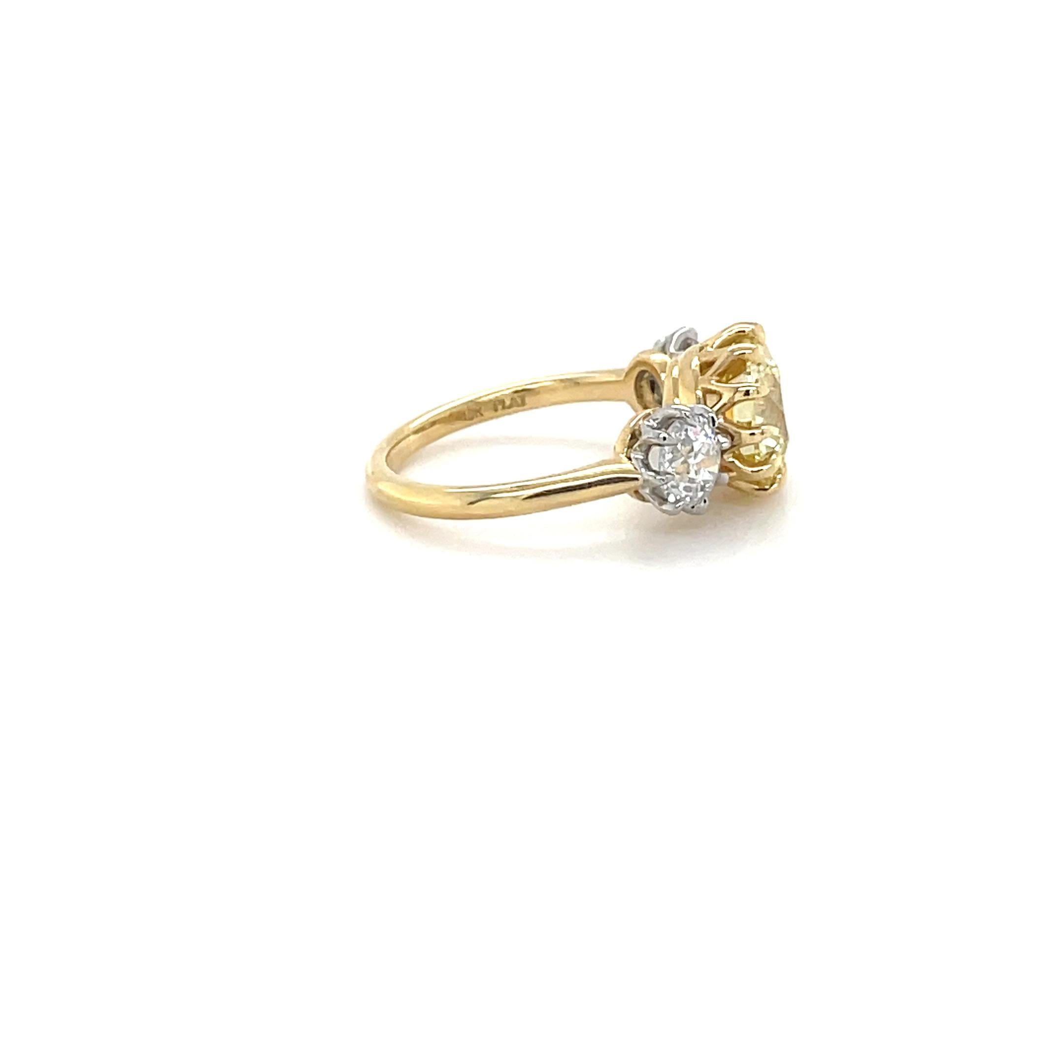 3.08 Fancy Yellow Cushion Brilliant Cut Diamond and Old Euro Cut Diamond Ring In New Condition For Sale In Chicago, IL