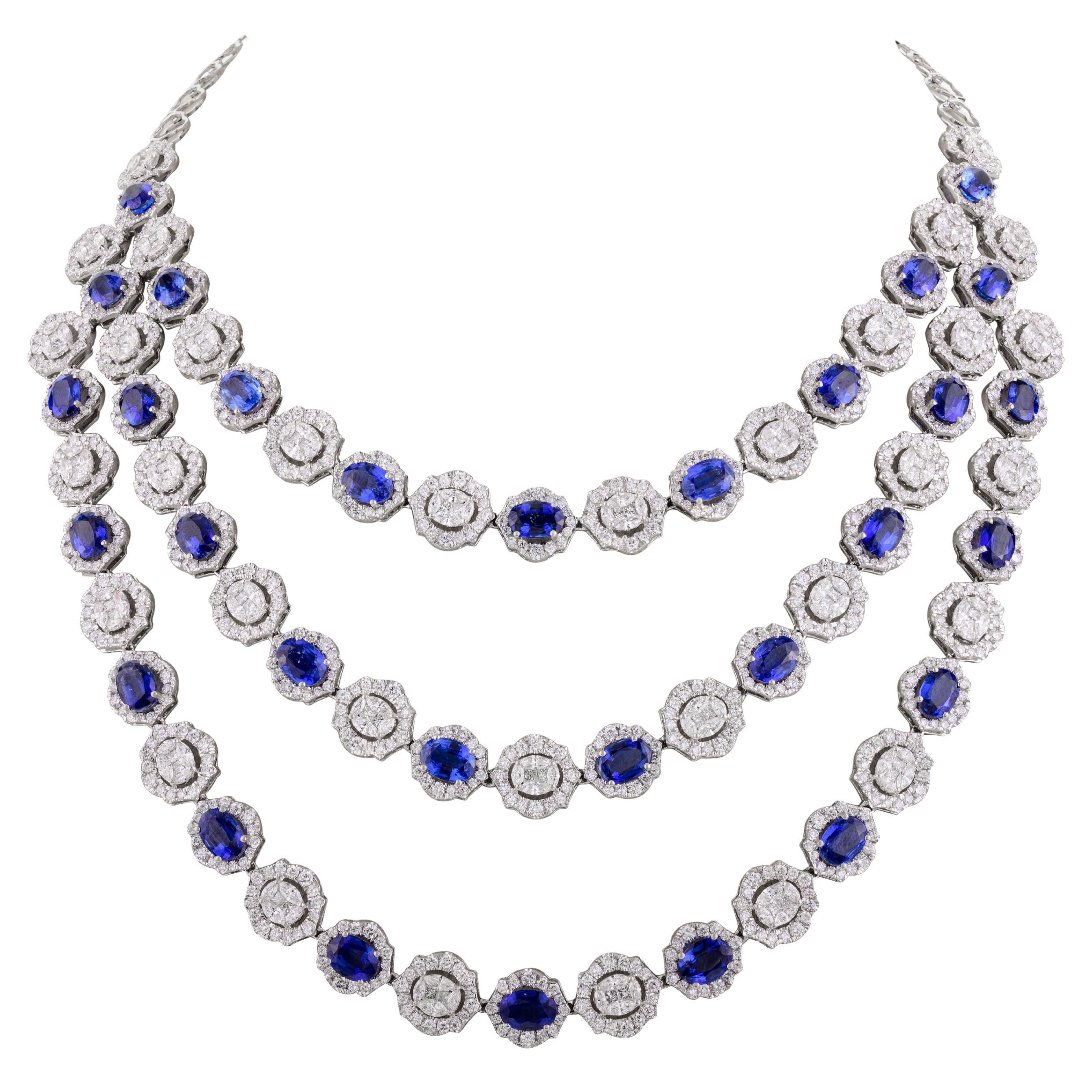 30.86 CTW Kyanite 19.75 CTW Diamond Triple Layer Necklace in 18k White Gold