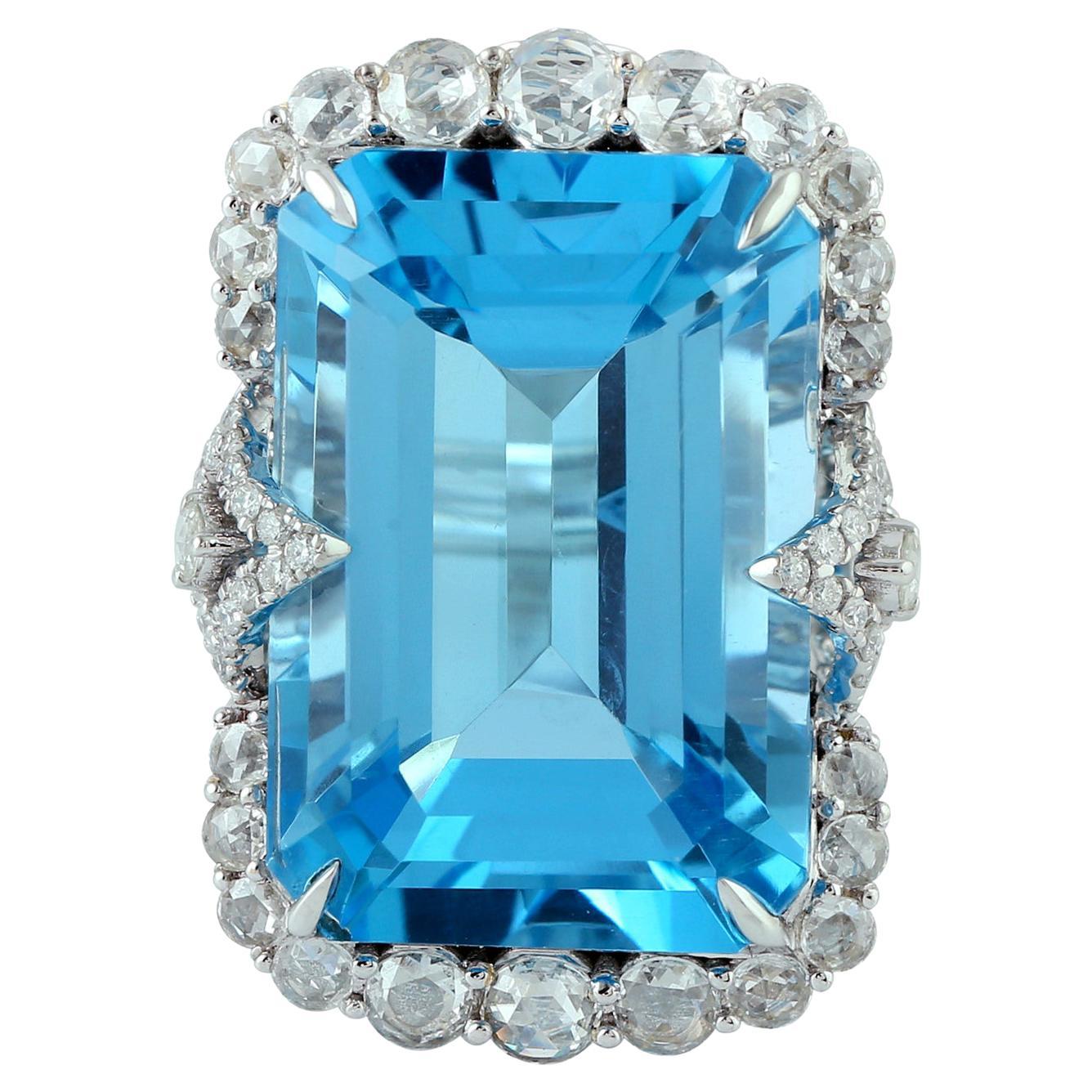 30.88 Carat Blue Topaz Diamond 18 Karat White Gold Ring For Sale