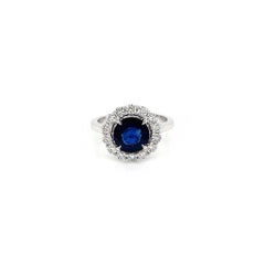 Anello di fidanzamento da donna con zaffiro rotondo blu e diamante da 3,08 carati totali