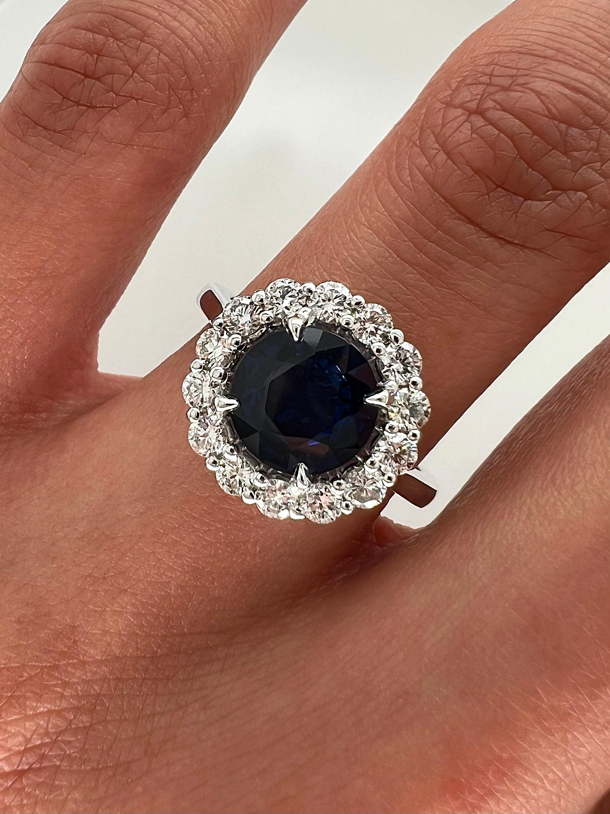 Women's or Men's 3.08 Total Carat Blue Round Sapphire and Diamond Halo Ladies Engagement Ring For Sale