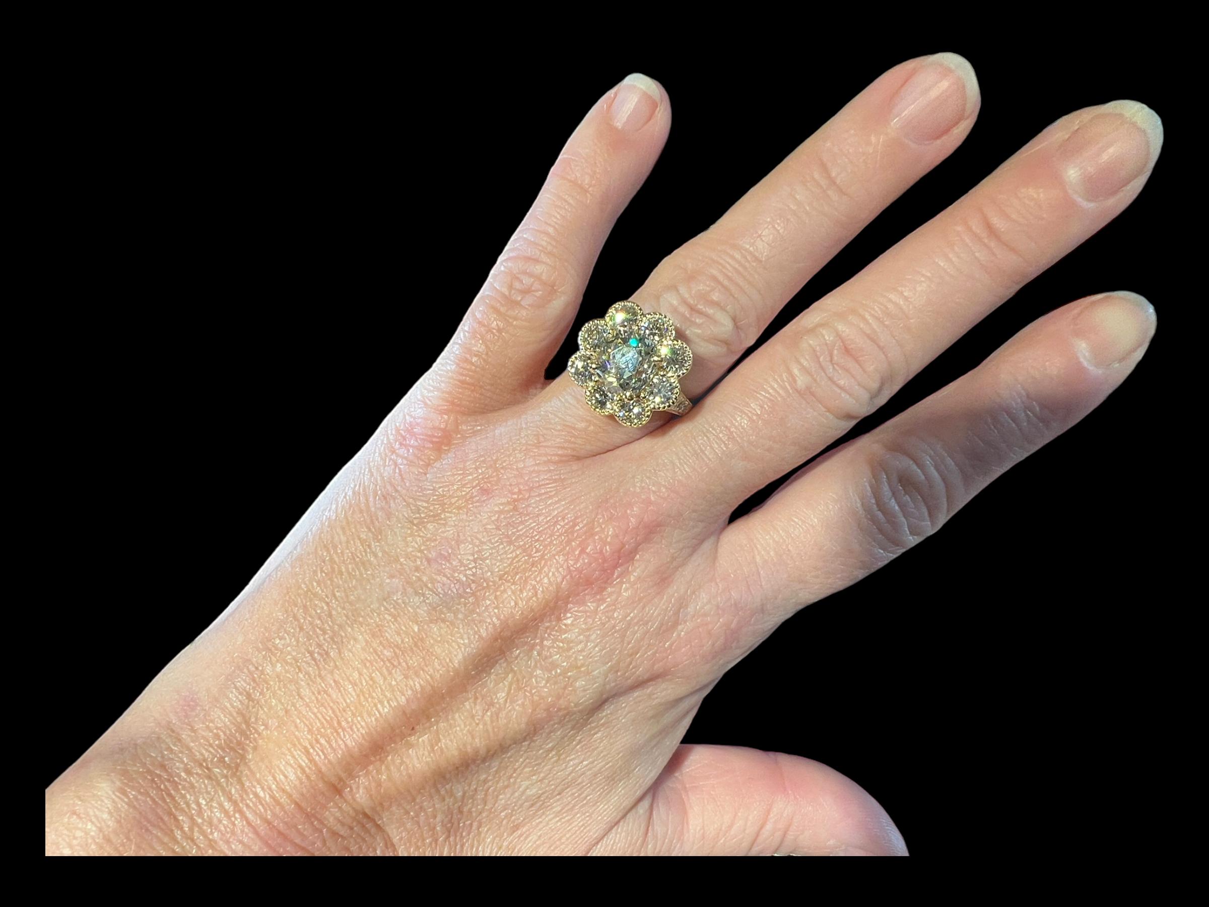 3.08ct Antique Diamond in Floral Setting with 2.85ct Modern Diamonds For Sale 7