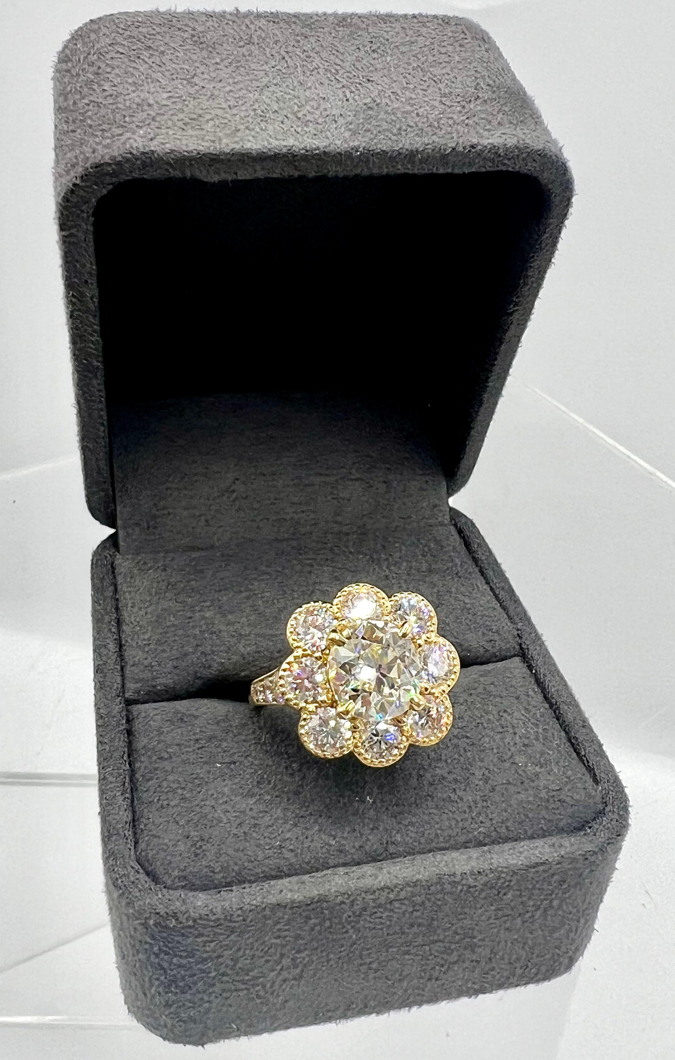 Art Deco 3.08ct Antique Diamond in Floral Setting with 2.85ct Modern Diamonds For Sale