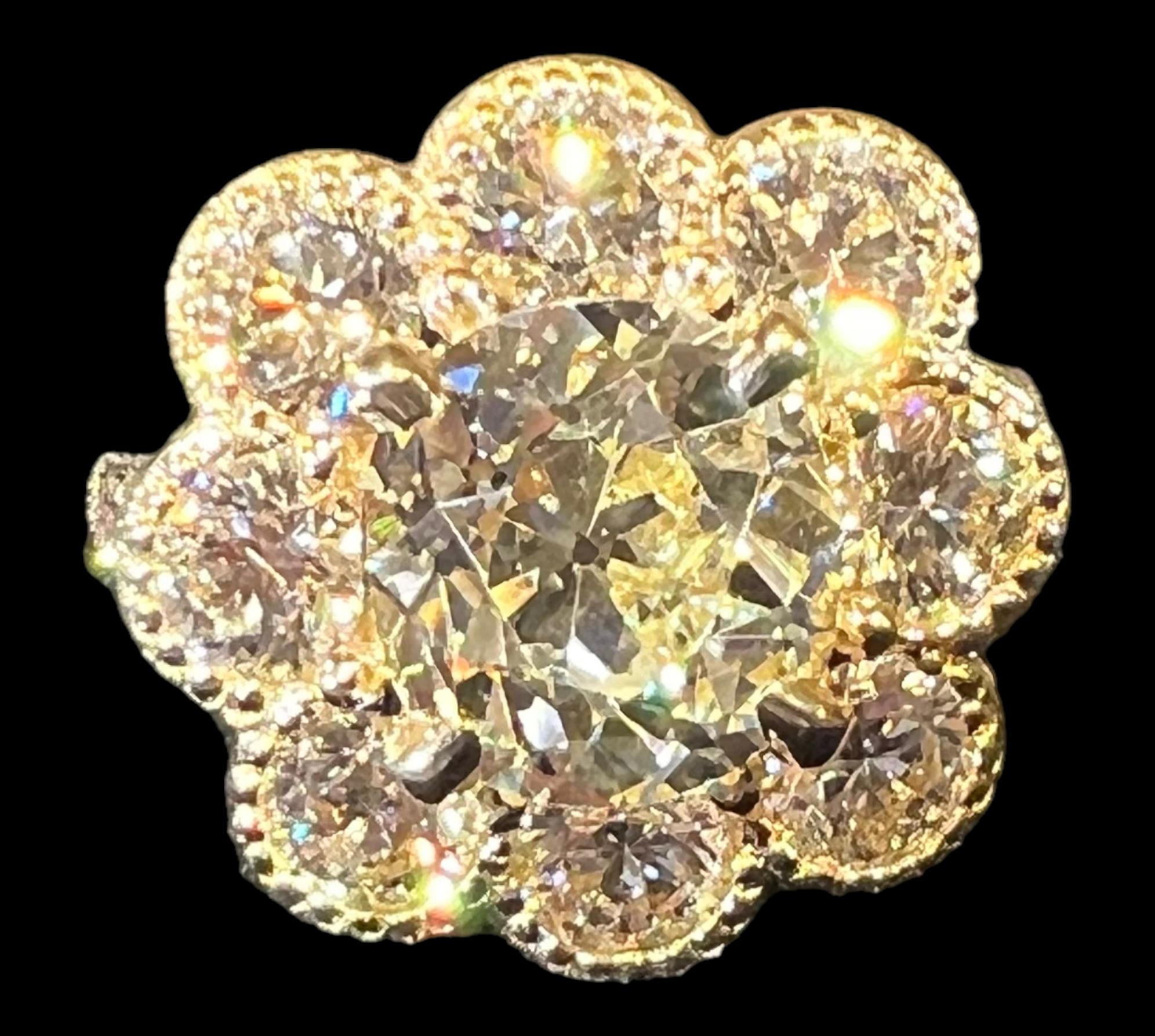 Old European Cut 3.08ct Antique Diamond in Floral Setting with 2.85ct Modern Diamonds For Sale