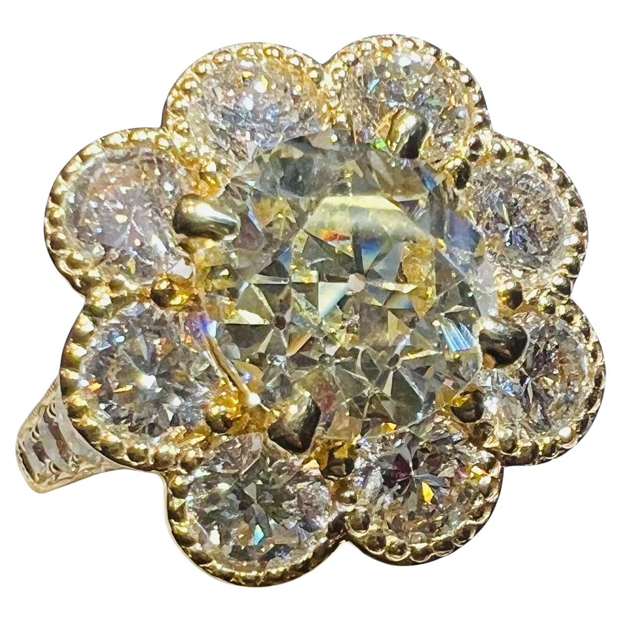 3.08ct Antique Diamond in Floral Setting with 2.85ct Modern Diamonds For Sale
