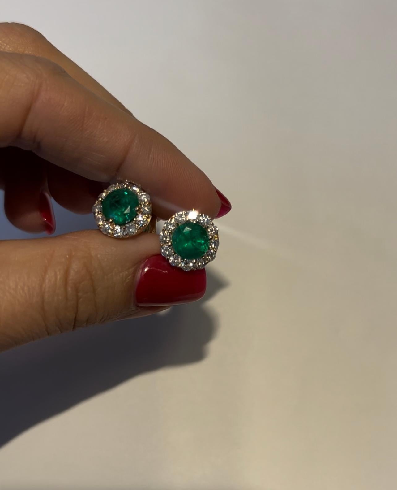 Round Cut Natural Emerald and Diamond Stud Earrings, 4.33ct tw.
