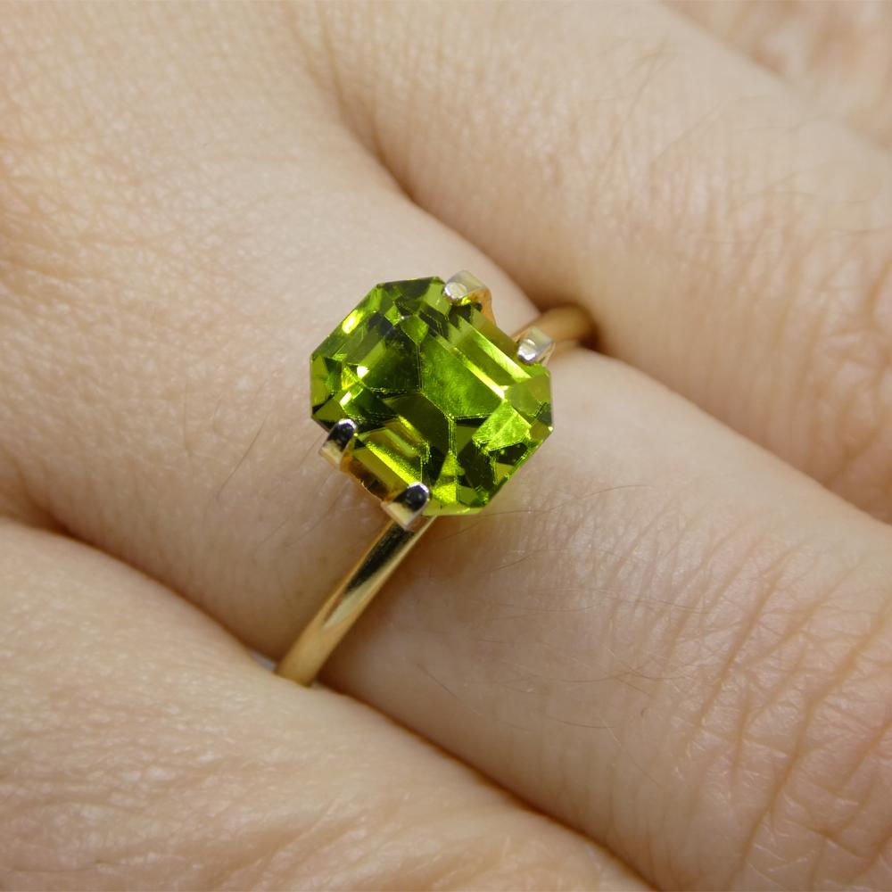 Description:

Gem Type: Peridot
Number of Stones: 1
Weight: 3.08 cts
Measurements: 7.98 x 6.65 x 6.82 mm
Shape: Emerald Cut
Cutting Style Crown: Step Cut
Cutting Style Pavilion: Step Cut
Transparency: Transparent
Clarity: Very Slightly Included: Eye
