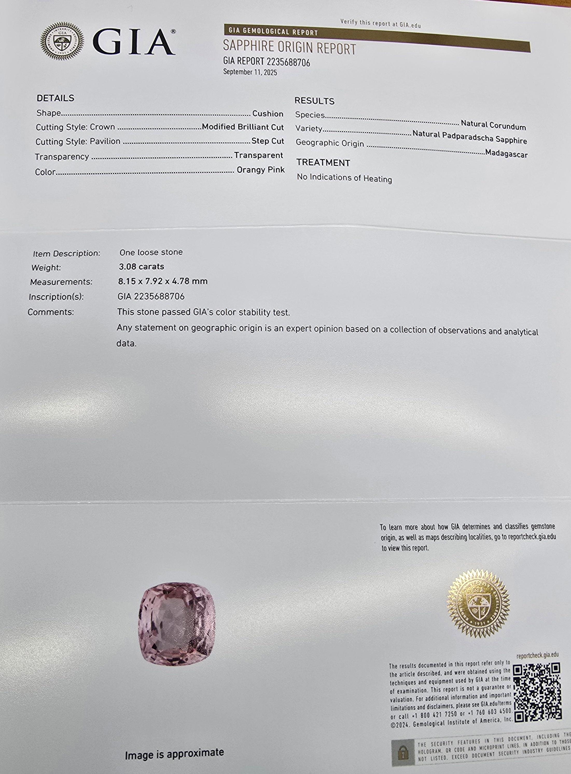 Zaffiro non riscaldato da 3,08 carati GIA PADPARADSCHA anello di fidanzamento con diamante RARO zaffiro in vendita 2