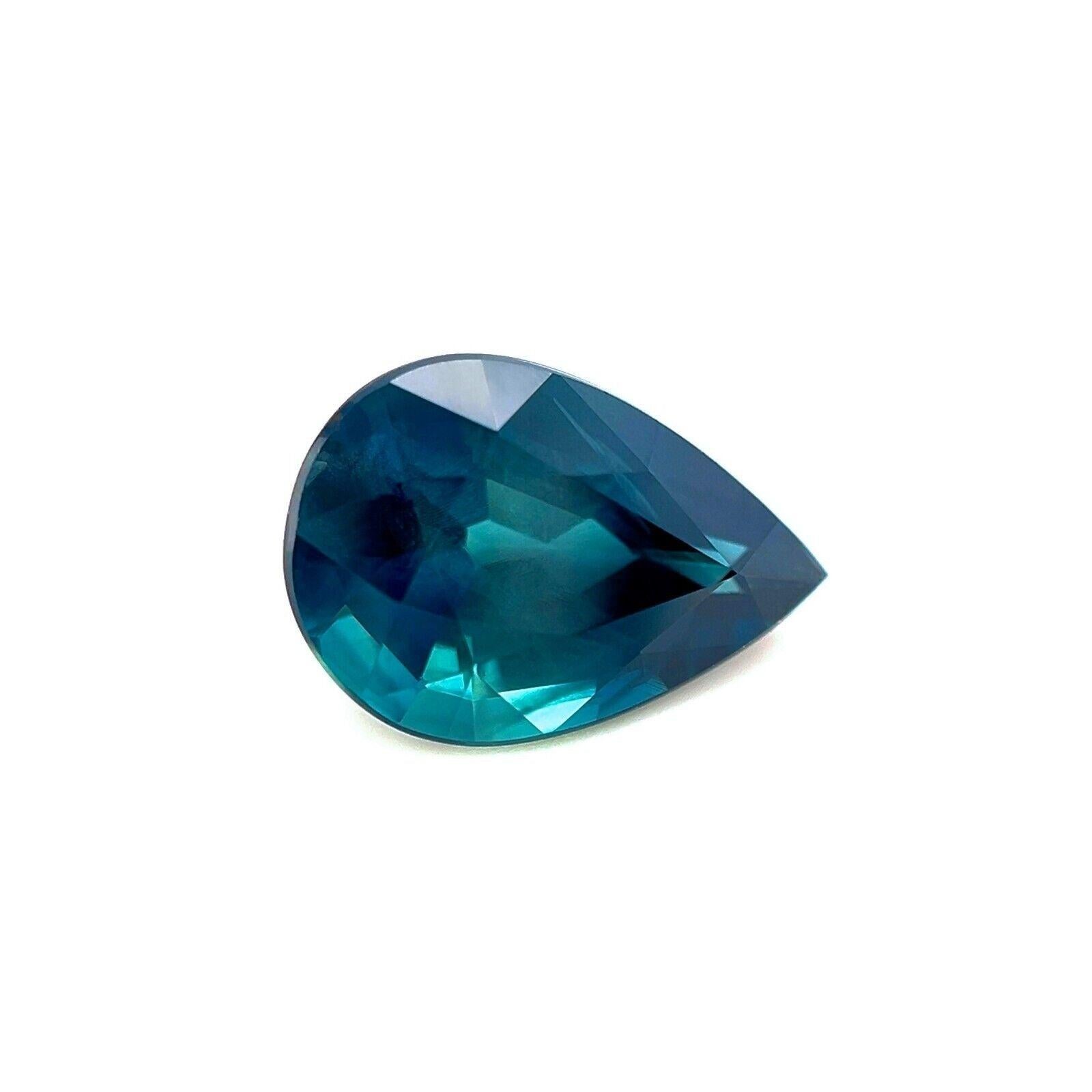 Natural Deep Green Blue Teal Sapphire Gemstone.

3.08 Carat with a unique deep green blue teal colour and very good clarity. Clean stone with only some very small natural inclusions visible when looking closely.
Also has an excellent pear teardrop
