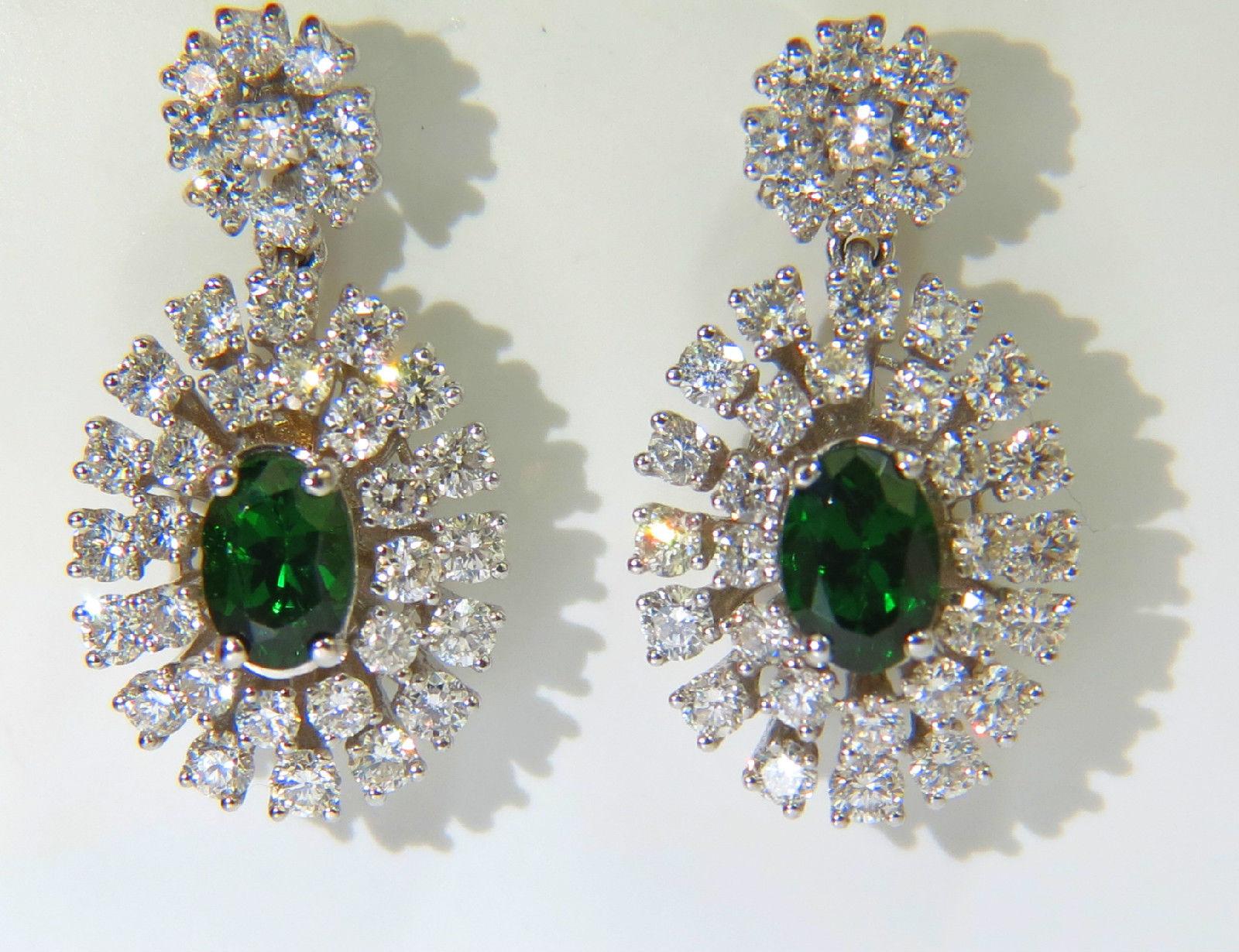 Oval Cut 3.08CT Natural Vivid Green Tsavorite Cluster Diamond Dangle Earrings 14KT