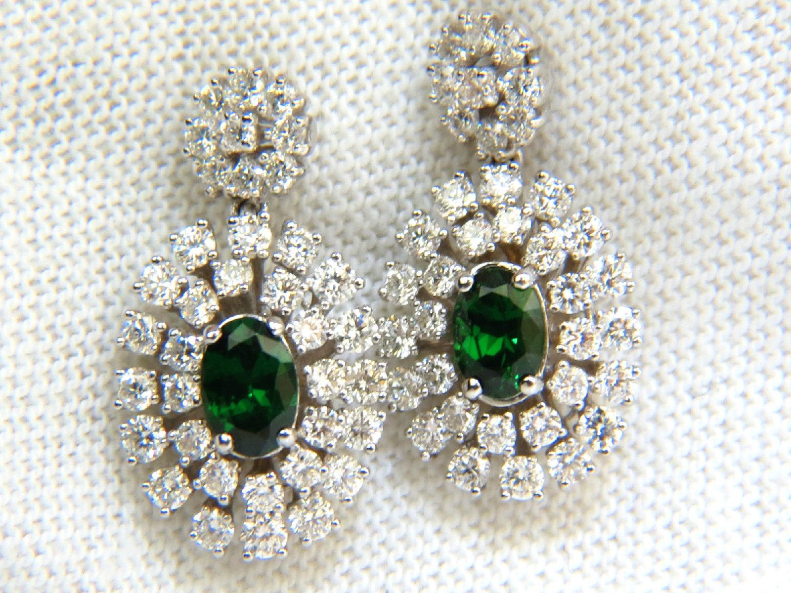 3.08CT Natural Vivid Green Tsavorite Cluster Diamond Dangle Earrings 14KT In New Condition In New York, NY