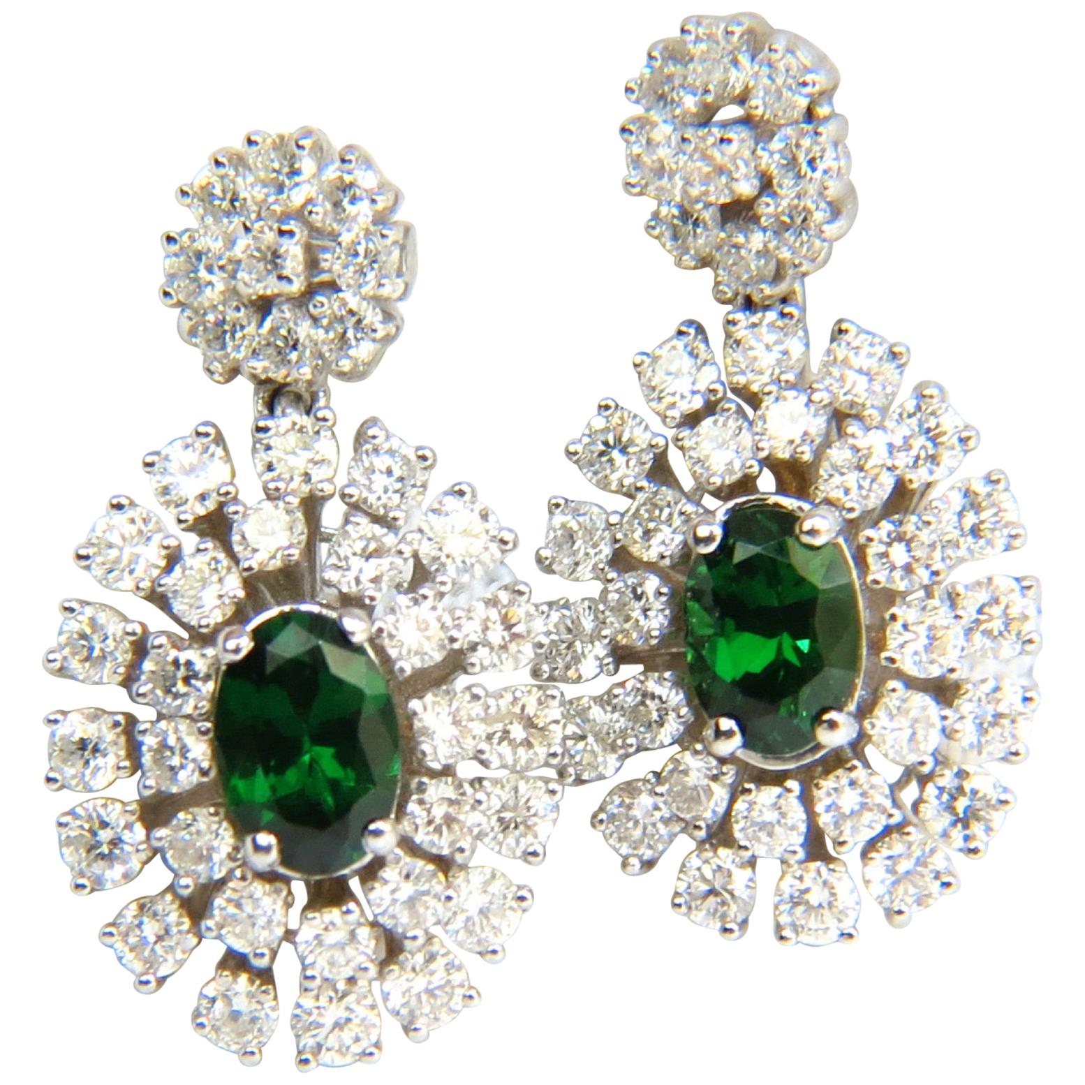 3.08CT Natural Vivid Green Tsavorite Cluster Diamond Dangle Earrings 14KT