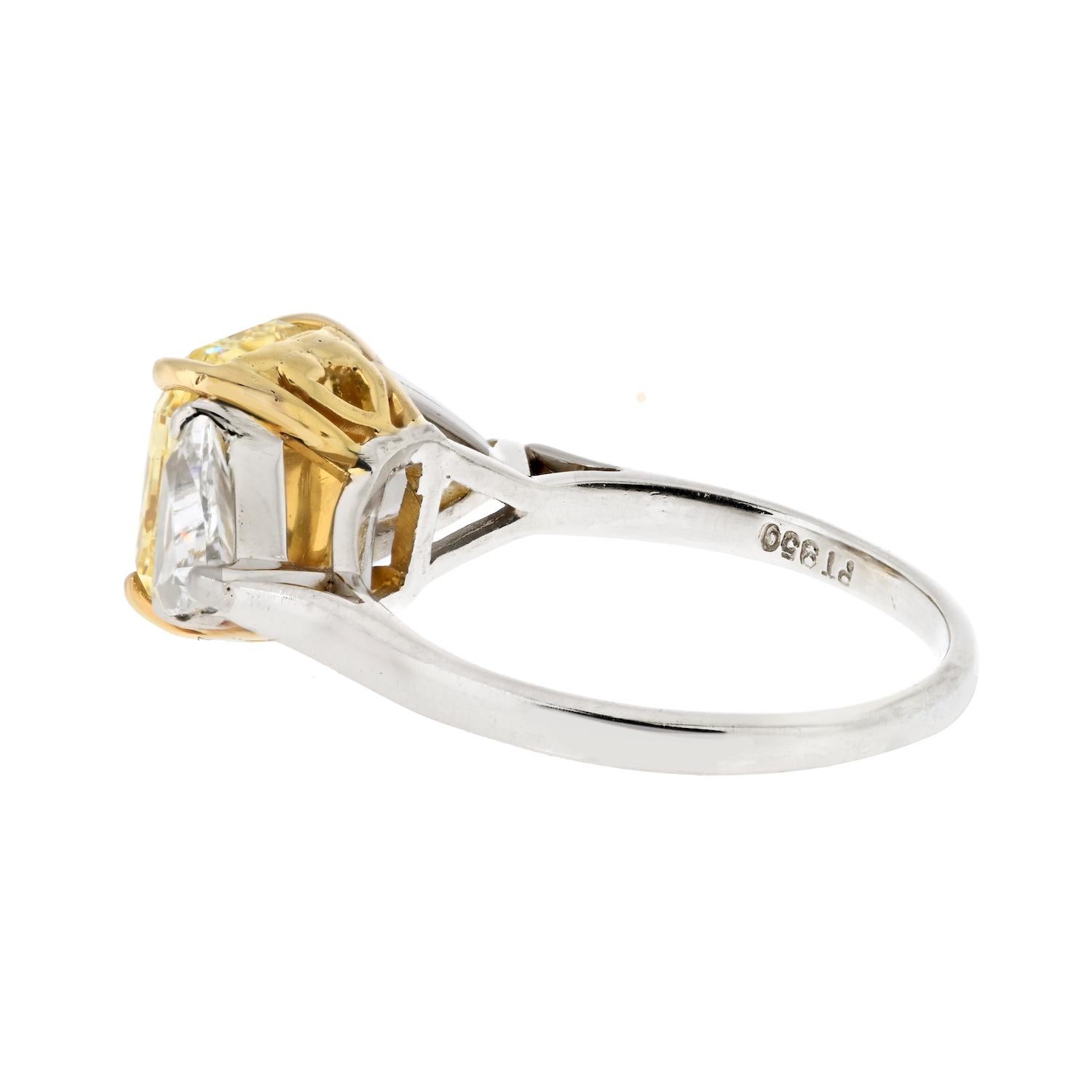 3.08ct Radiant Cut Fancy Yellow VVS2 GIA Diamond Engagement Ring In Excellent Condition For Sale In New York, NY