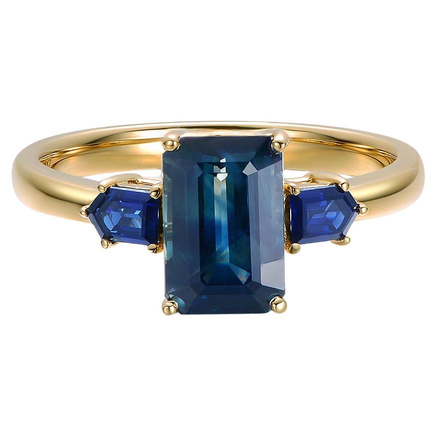3.08ctw Teal Sapphire Three-Stone Engagement Ring 14K Gold For Sale
