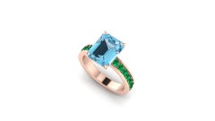 3.09 Carat Emerald Cut Aquamarine with Pave' of Emeralds 18k Rose Gold Ring